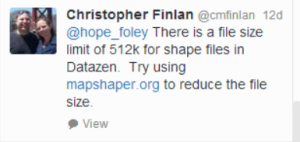 Tweet from Chris Finlan on shapefile size.